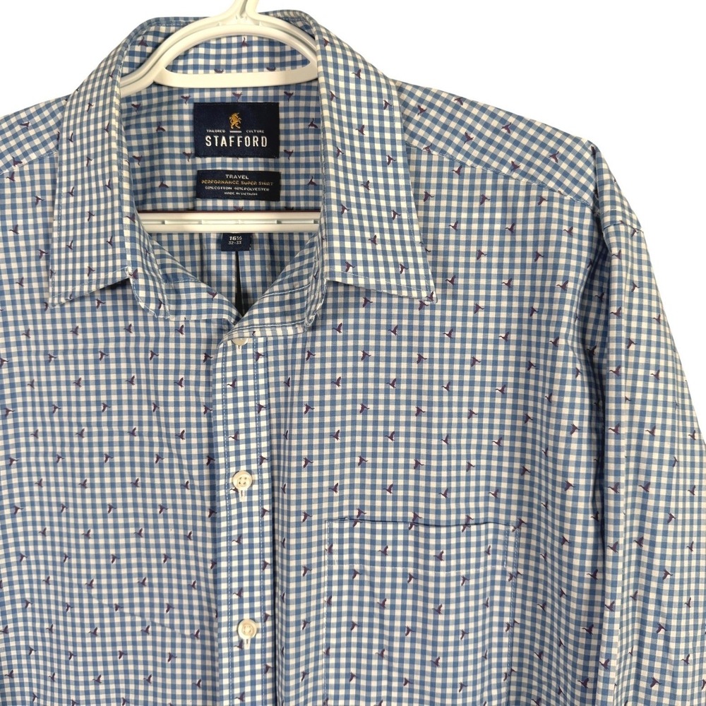 Stafford Button Down Shirt Mens 16.5 32/33 Blue Gingham Duck Print Travel L/S